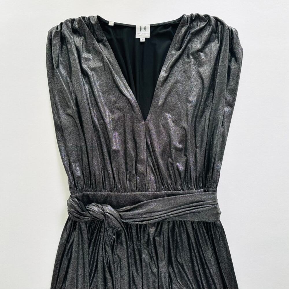 Halston Heritage Black Plunge Gown Metallic Wrap Belted Jersey Maxi Formal Prom